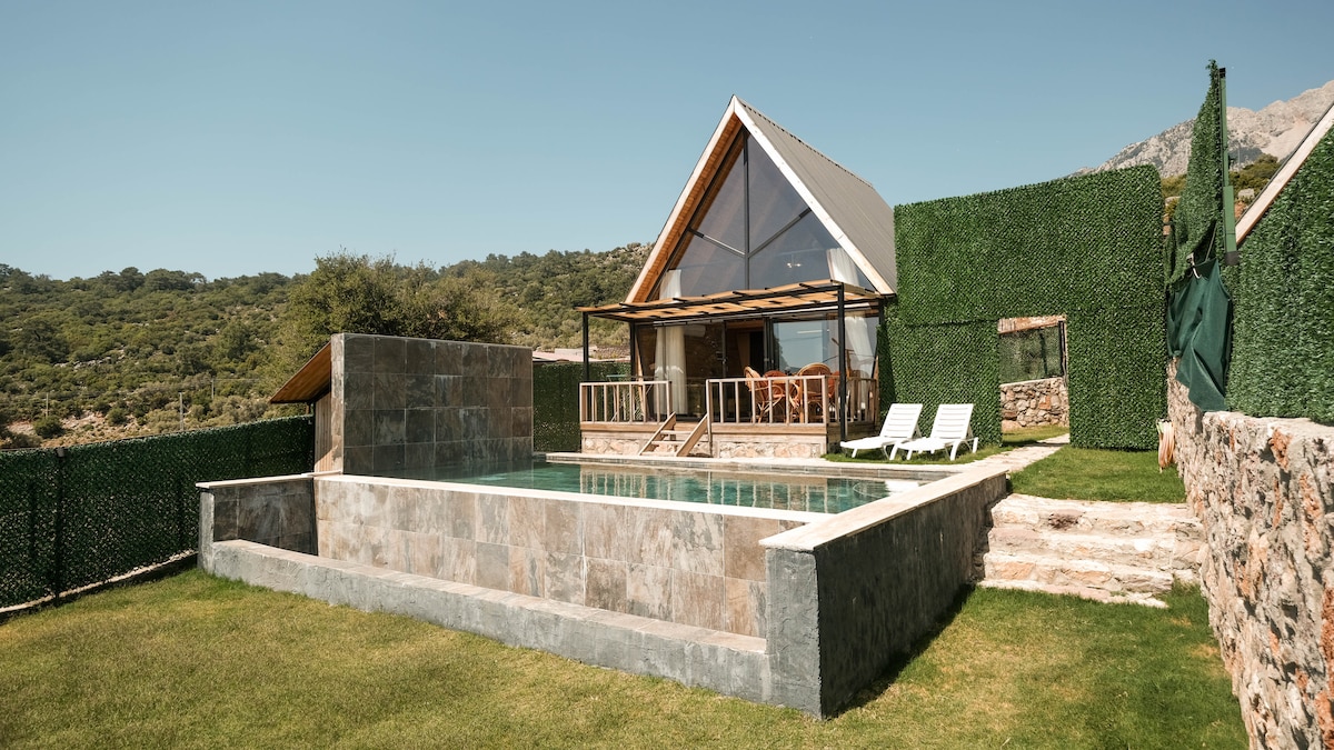 A modern chalet-style house is situated in a serene landscape, featuring large glass windows that offer views of the surroundings. An outdoor pool is framed by stone and grass, with two sun loungers positioned nearby. Lush greenery encompasses the property, enhancing its tranquil setting.