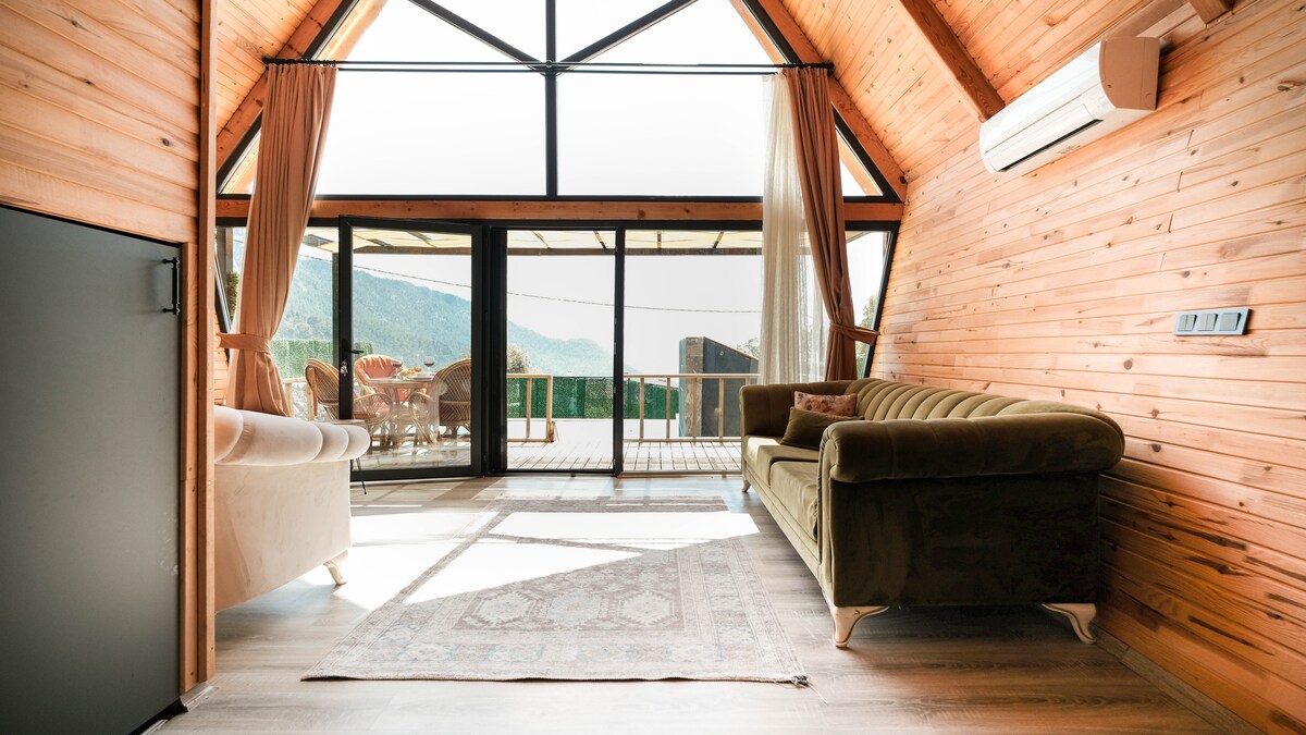 A spacious living area features wooden walls and high ceilings, providing a rustic charm. Large glass doors lead to an outdoor seating area with picturesque views. A comfortable green sofa and a light-toned armchair sit atop a decorative rug, with natural light illuminating the space.