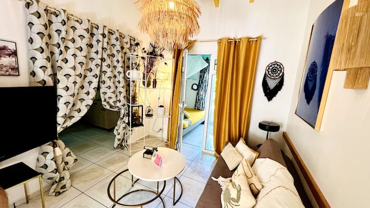 غرفة معيشة بسرير أريكة ومكبر صوت ذكي وتلفزيون متصل ( نيتفليكس .....)