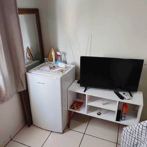 Mini fridge,  Air conditioning, TV, bathroom, garage.