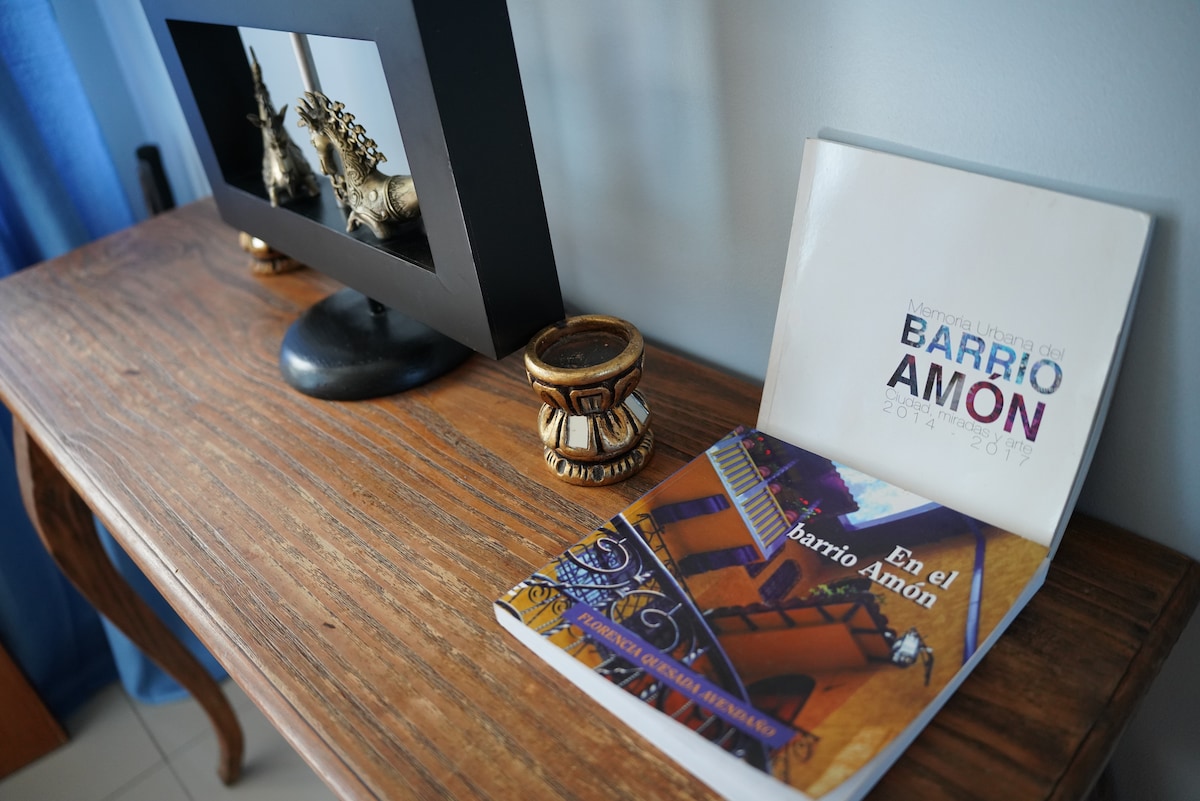 A wooden console table features a decorative mirror and an artistic candle holder. A book titled 'En el Barrio Amon' is displayed, providing insight into the local area. Soft blue curtains create a calming background for this welcoming and functional space.