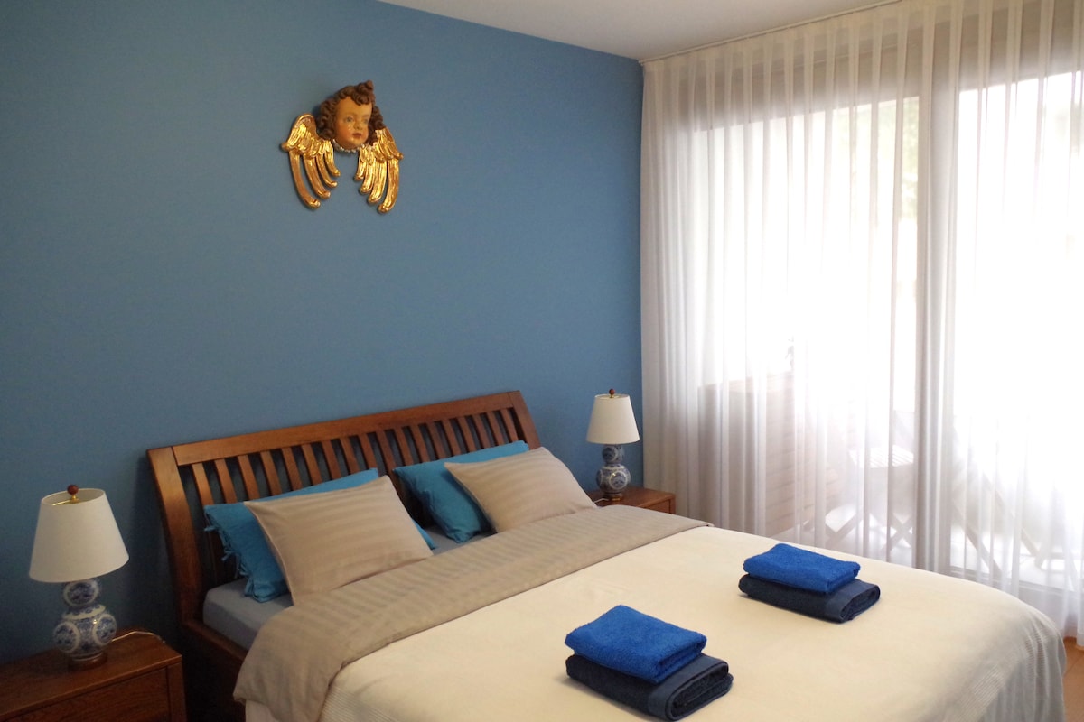 A bedroom features a wooden bed with a light-colored blanket and blue accent pillows. Two bedside tables with lamps are positioned on either side. Natural light enters through large, sheer-curtained windows, creating a calm and inviting space.