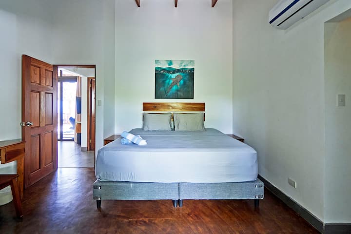 Chambre d'amis ou deuxième chambre avec climatisation, lit « king size », lit simple et salle de bain attenante. Accès depuis le salon.