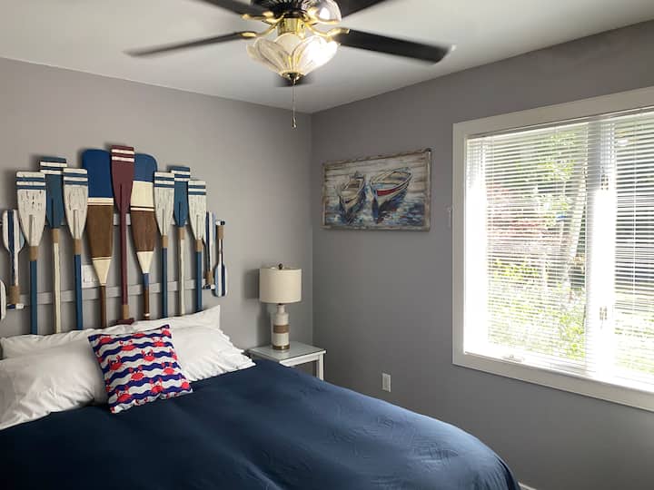 Oarsman's Refuge with private en-suite bathroom. Our guests constantly rave of the incredibly comfortable queen bed. All our mattresses are the exact same luxurious, high end model, but for some reason, the Oarsman bed gets the most complements. 