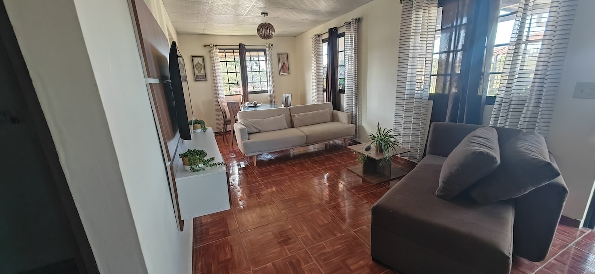 A bright living area features two comfortable sofas with decorative cushions and a low coffee table. Natural light pours in through large windows adorned with light curtains, enhancing the spacious feel. A small potted plant adds a touch of greenery to the space.