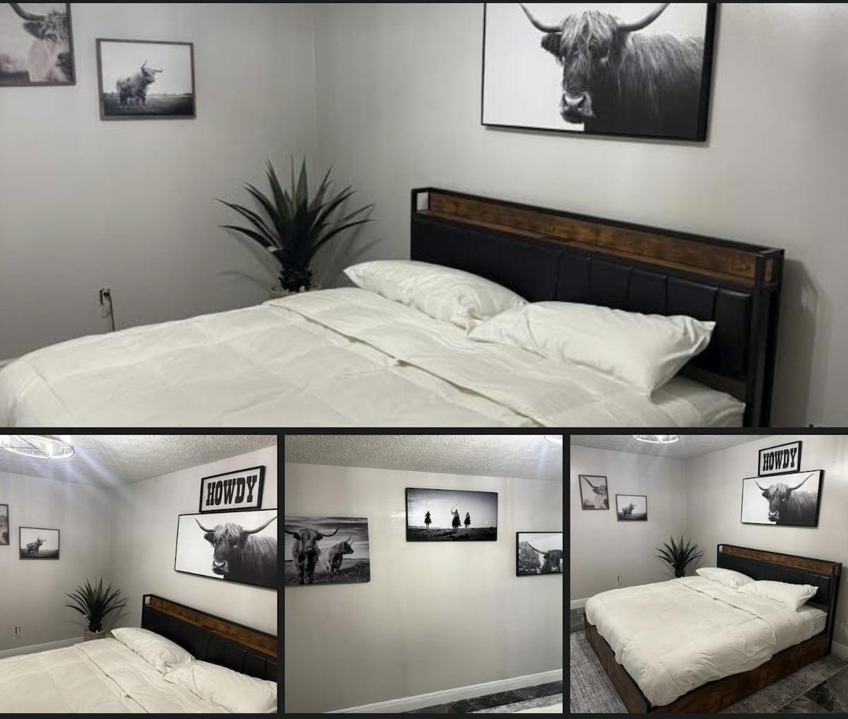 Pumzika katika chumba hiki cha kulala kilichobuniwa vizuri chenye msukumo wa Magharibi, chenye kitanda cha kifahari cha ukubwa wa kifalme kilicho na matandiko ya kifahari kwa ajili ya starehe ya hali ya juu.

