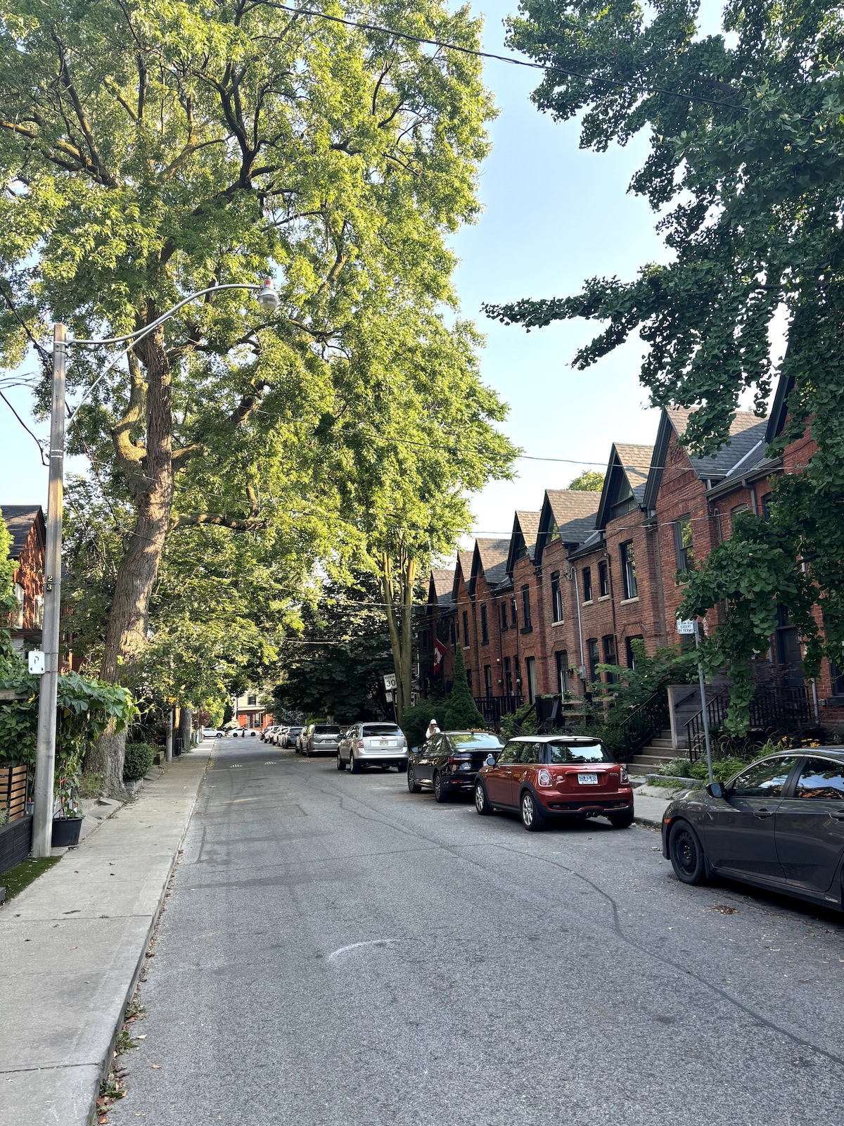 A quiet, tree-lined street is shown, featuring red-brick homes with gabled roofs. Tall trees provide shade along the sidewalk, and parked vehicles line the road, creating a peaceful suburban atmosphere.