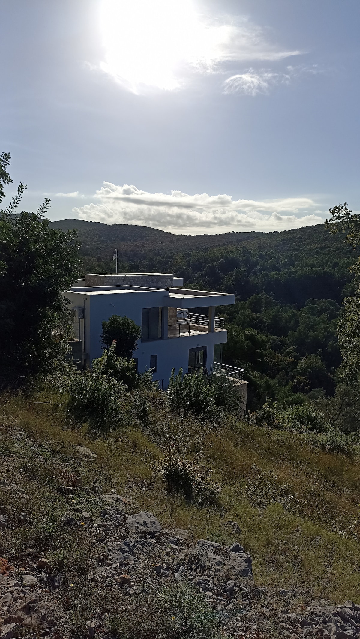 A modern structure is positioned on a hillside, surrounded by greenery and distant hills. The building features multiple large windows, allowing for views of the landscape. A clear sky is visible above, with sunlight casting a gentle glow on the scene.