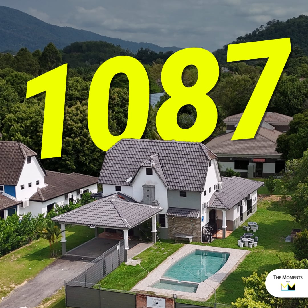 A modern villa is showcased, featuring a private swimming pool surrounded by lush greenery. The two-story structure has a spacious outdoor area with a BBQ pit and tables. The well-maintained property is set against a backdrop of rolling hills.