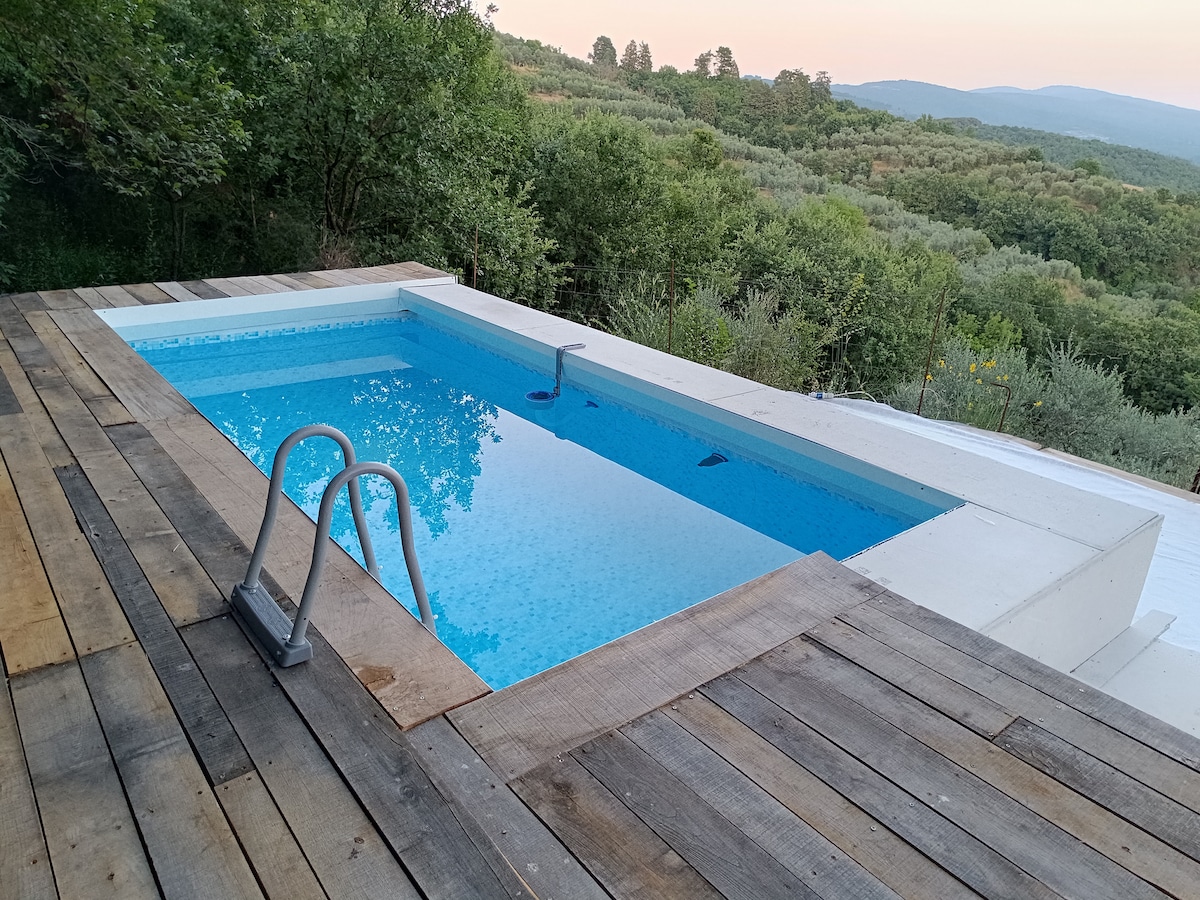 A serene swimming pool is positioned on a wooden deck, surrounded by lush greenery. The clear blue water reflects the sky, while gentle hills provide a panoramic backdrop. Stairs lead down into the inviting pool, ensuring easy access for guests.