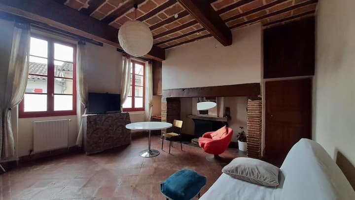 一楼卧室位于街道上，配有大壁炉、沙发床（照片中添加了家具和衣柜）