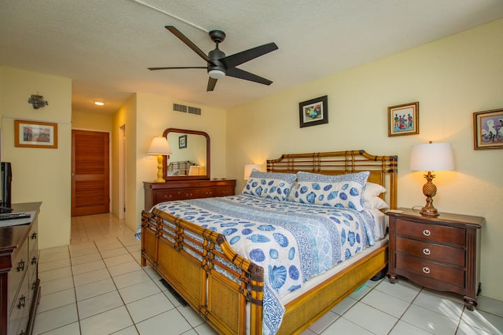 غرفة النوم الرئيسية - سرير كينج - حمام ملحق. يوجد تلفاز ذكي في الغرفة.