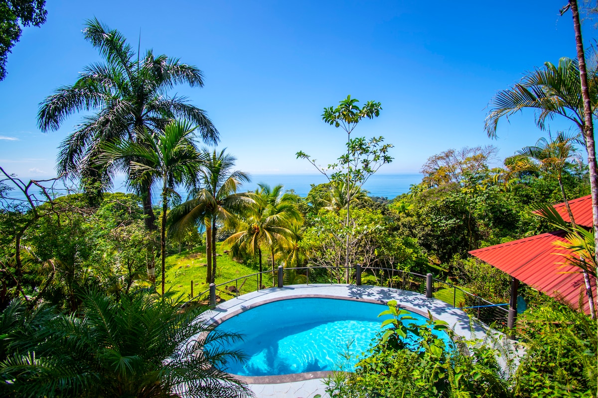 A bright blue pool is surrounded by lush tropical gardens and palm trees, offering a clear view of the ocean in the distance. A red-roofed structure is visible nearby, enhancing the natural scenery under a blue sky.