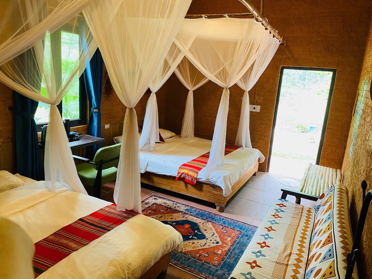The spacious room features two queen beds draped with mosquito nets and one single bed, surrounded by natural light. A patterned rug adds warmth to the floor, while a door leads to the outdoor area. Comfortable seating is provided by green chairs and a wooden bench.
