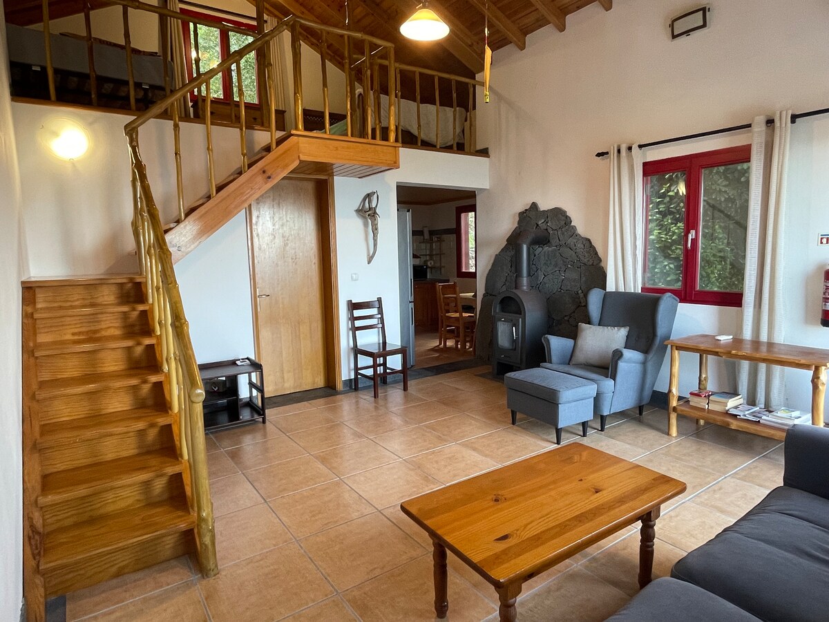 A spacious living area with a high ceiling features wooden accents and tiled flooring. A staircase leads to an upper level. Comfortable seating arrangements include a blue accent chair and a gray sofa. A wooden coffee table sits in the center, illuminated by natural light from the windows.