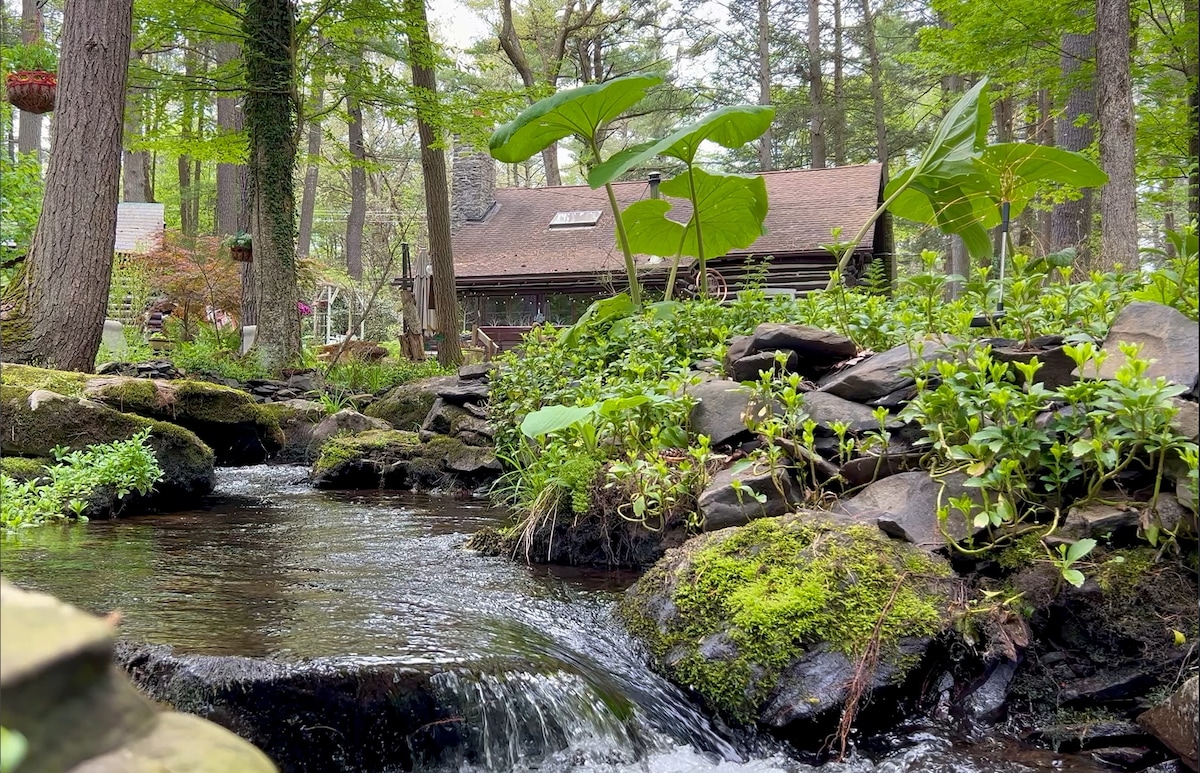 A serene creek flows over smooth stones, framed by lush greenery and moss-covered rocks. Tall trees provide a peaceful backdrop, with a rustic cabin partially visible among the foliage, enhancing the natural setting.