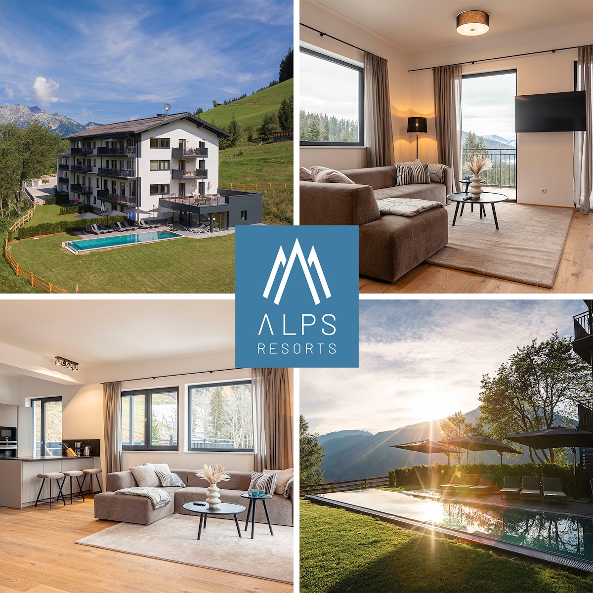 The image showcases a modern building nestled against a lush hillside, with a well-maintained outdoor pool visible in the foreground. Inside, a cozy living area features large windows allowing natural light to enter, highlighting a neutral colour palette and elegant furnishings.