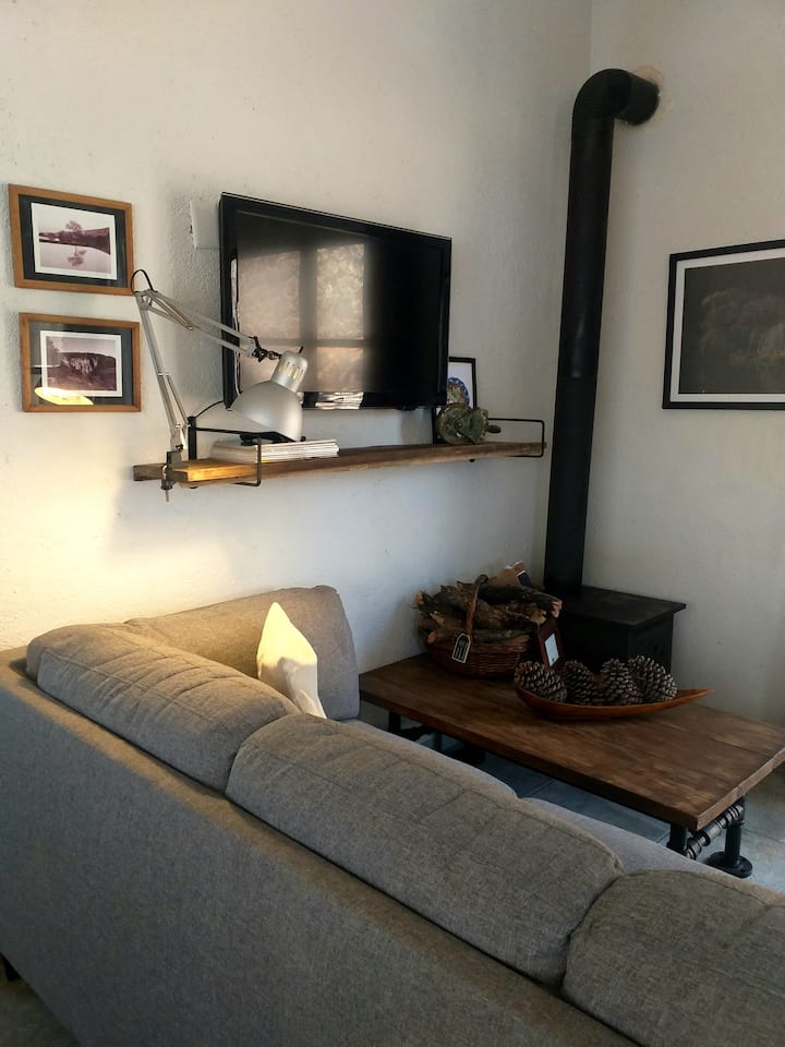 غرفة مع مساحة للقراءة وتلفزيون مع روكو.
موقد حرق الخشب