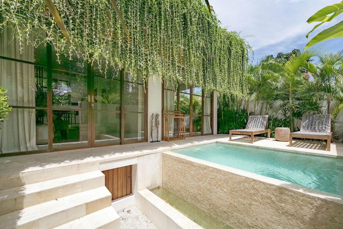 A plunge pool is framed by steps leading up to a spacious terrace. Sun loungers are positioned to one side, surrounded by lush greenery and cascading vines overhead. Large glass doors provide a view into the interior, enhancing the integration of indoor and outdoor spaces.
