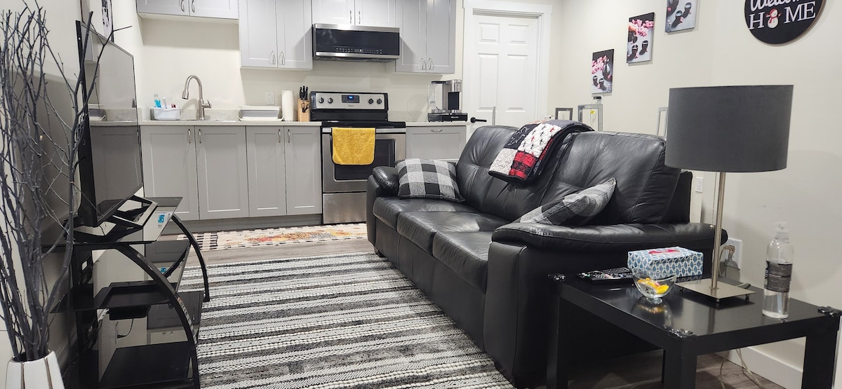 A cozy living area features a black leather sofa paired with a low coffee table. A TV is positioned on a stand across from the seating area. The modern kitchen is visible in the background, with light gray cabinetry and stainless steel appliances. A striped area rug adds texture to the space.