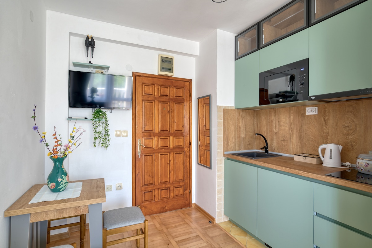 A compact kitchenette is shown, featuring mint green cabinetry and a mounted television. A wooden table with a single chair is set alongside the entrance door, which has a warm finish. The kitchen is equipped with essential appliances, enhancing functionality in the space.