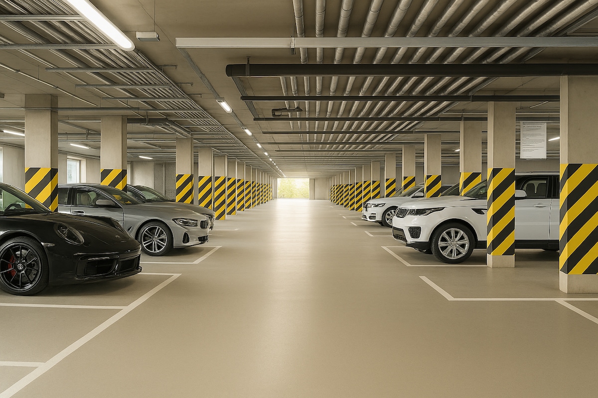 A secure underground parking garage is shown, featuring multiple parking spaces marked by yellow and black striped columns. Several cars are parked, providing a well-organized environment. Natural light is visible at the far end, creating a bright transition at the garage's exit.