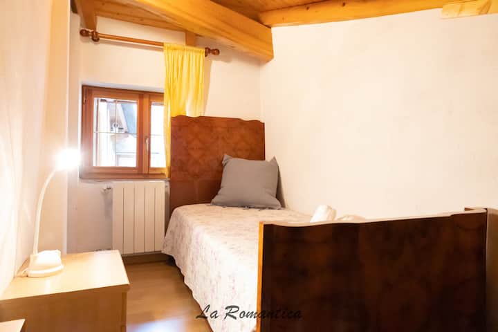 This room offers a simple but comfortable space, ideal for solo travelers looking for a practical and functional place to stay. The room is furnished with a single bed, a nightstand, and a closet. 