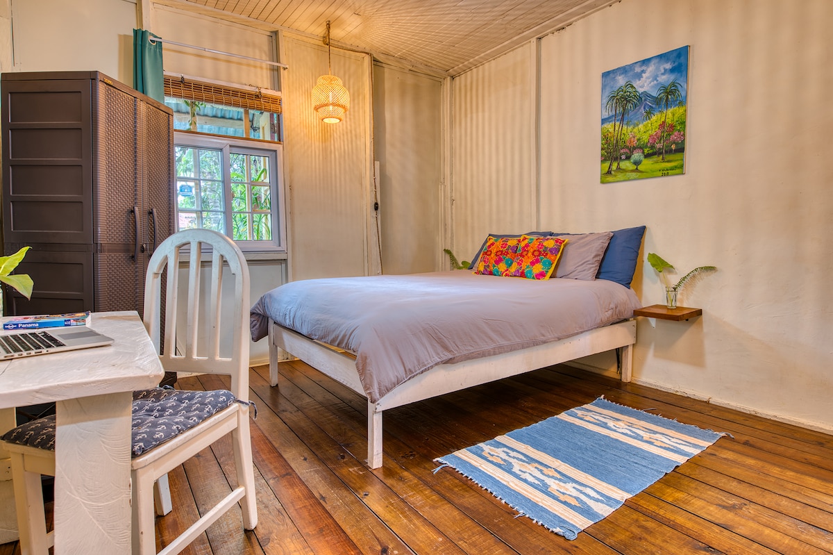 Habitación privada con cama tamaño queen, escritorio con silla, ducha y baño privado.