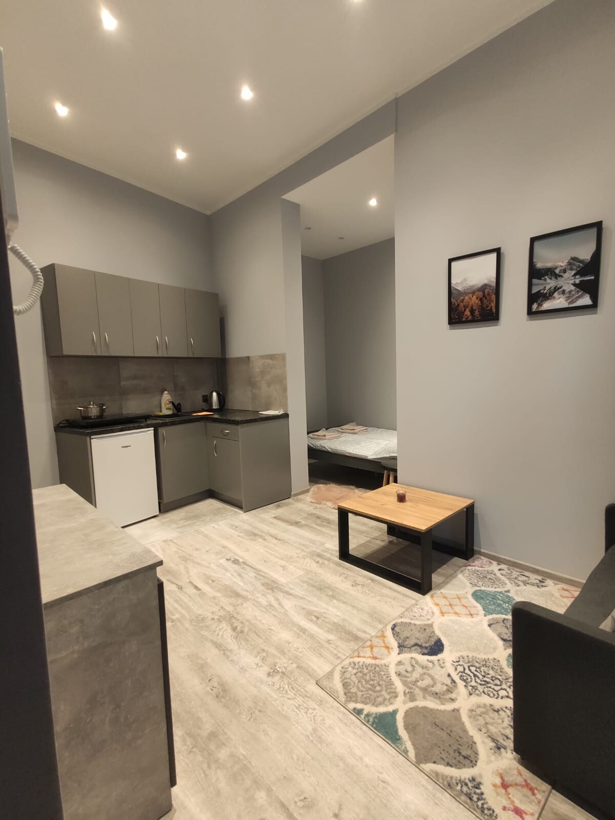 A modern kitchenette is visible, featuring grey cabinets and a compact refrigerator. A cozy seating area is provided by a dark sofa, with a small coffee table placed nearby. A bed is positioned in a corner, and framed artwork is displayed on the wall.