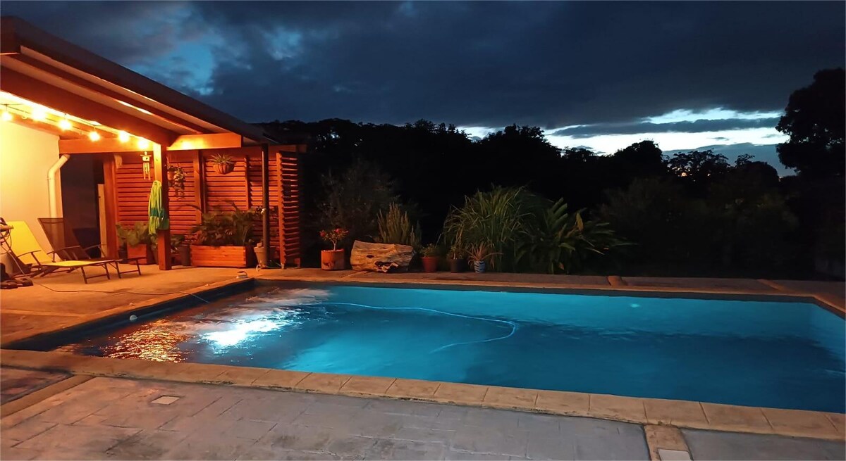 A serene swimming pool is illuminated by soft lights, reflecting in the water. Surrounding plants and outdoor furniture create a relaxing setting, while the evening sky in the background hints at twilight and the natural beauty of the surrounding environment.