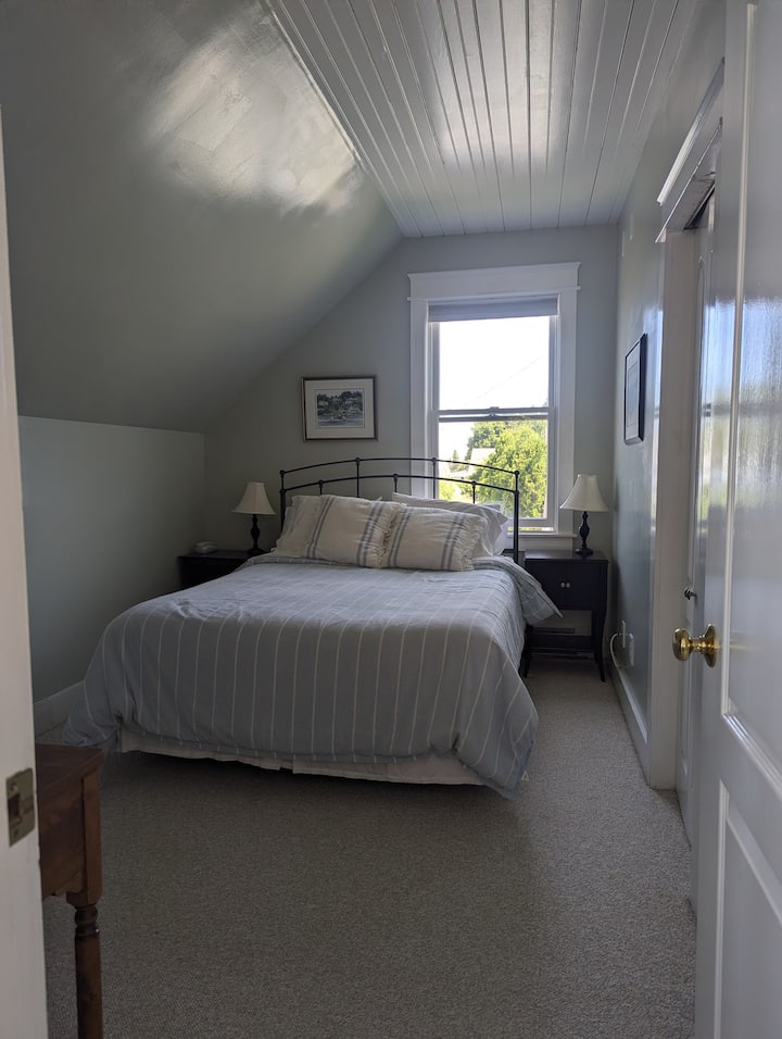 Bedroom equipped with a queen bed, closet space, dressing char, and small TV