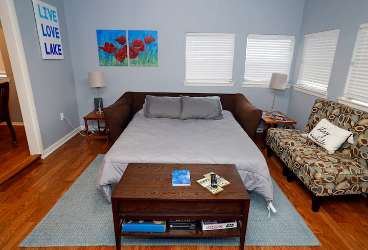 The sofa in the living room pulls out to a queen-size sleeper sofa. Sheets and pillows are provided.