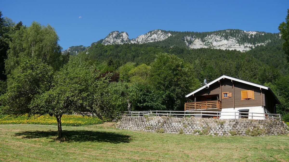 A wooden chalet is nestled against a backdrop of mountains, featuring a wraparound balcony and orange shutters. A grassy area with an apple tree stretches in the foreground, leading to a stone wall. Lush vegetation surrounds the property, offering a serene mountain setting.