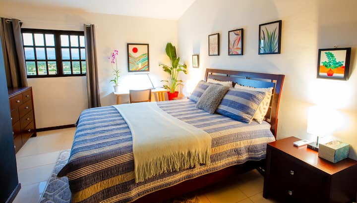 Chumba cha 2 cha kulala chenye mwonekano wa msitu wa mvua wa El Yunque kina kitanda cha ukubwa wa Malkia, stendi za usiku, kabati la kujipambia na kabati la nguo. 