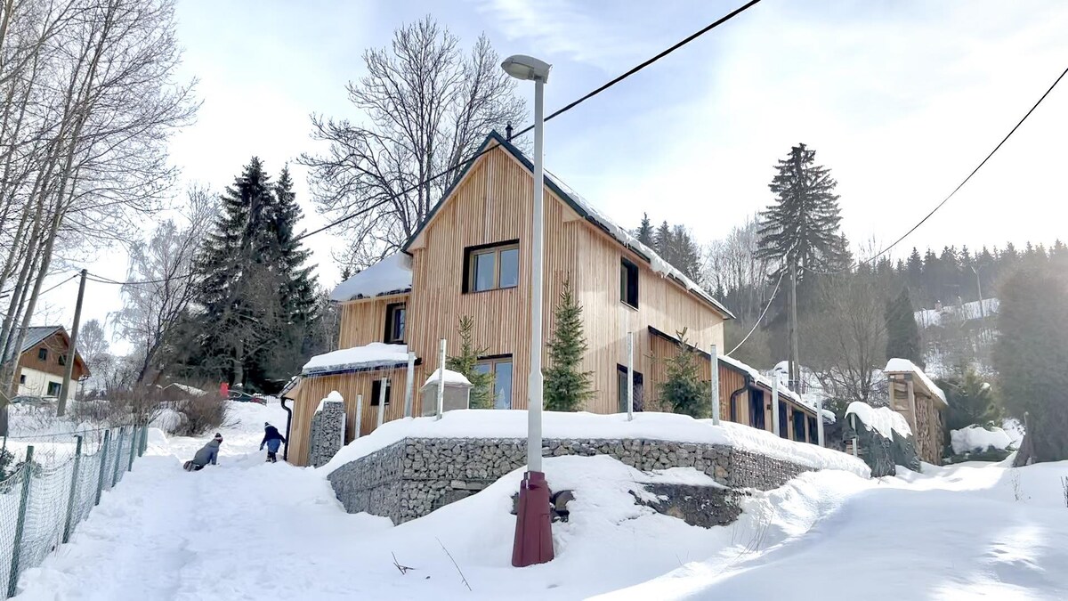 A modern wooden chalet is surrounded by snow-covered terrain, with trees in the background. The building features large windows and a sloped roof, while a light post is visible in the foreground. A pathway leads up to the entrance, inviting exploration of the area.