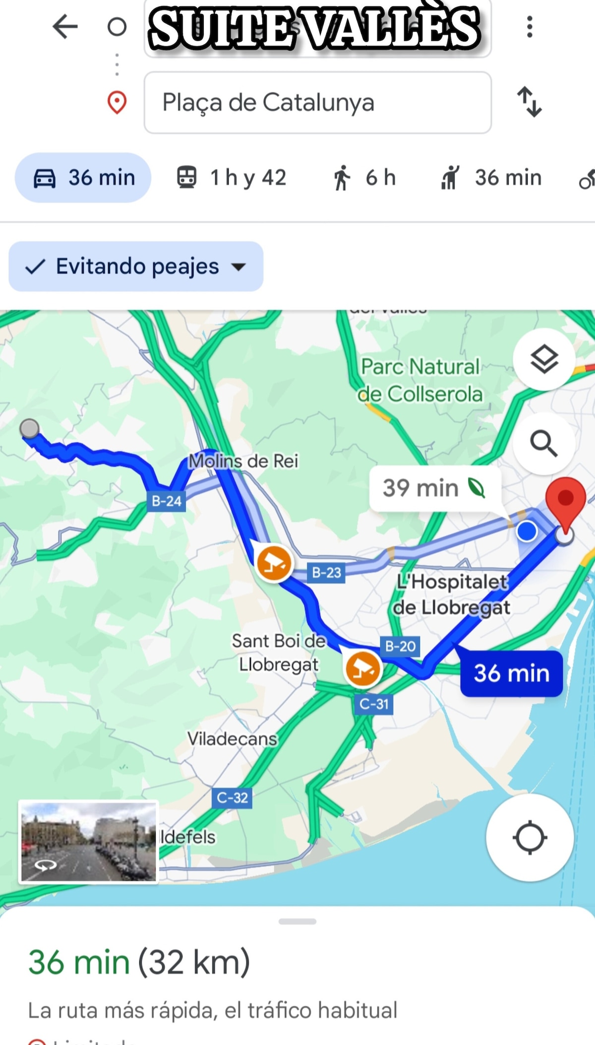 A detailed map view is presented, highlighting a route from Plaça de Catalunya to the location labeled 'Suite Vallès.' Key landmarks and traffic routes are indicated, providing an overview of the journey, alongside estimated travel times and distance.
