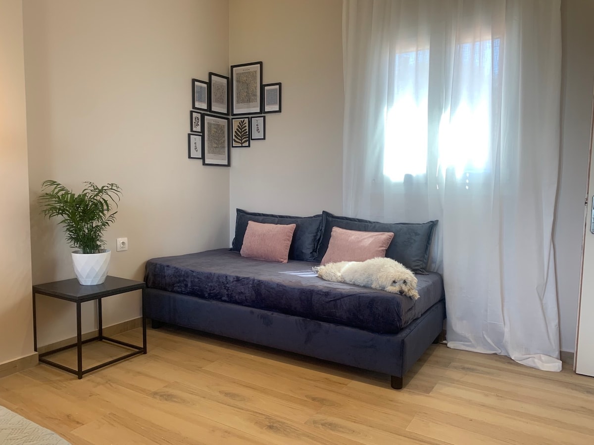 A cozy seating area is highlighted by a dark blue sofa adorned with pink cushions. A side table stands next to the sofa, with a potted plant adding a touch of greenery. Natural light enters through a nearby window, with sheer curtains softly diffusing the brightness.