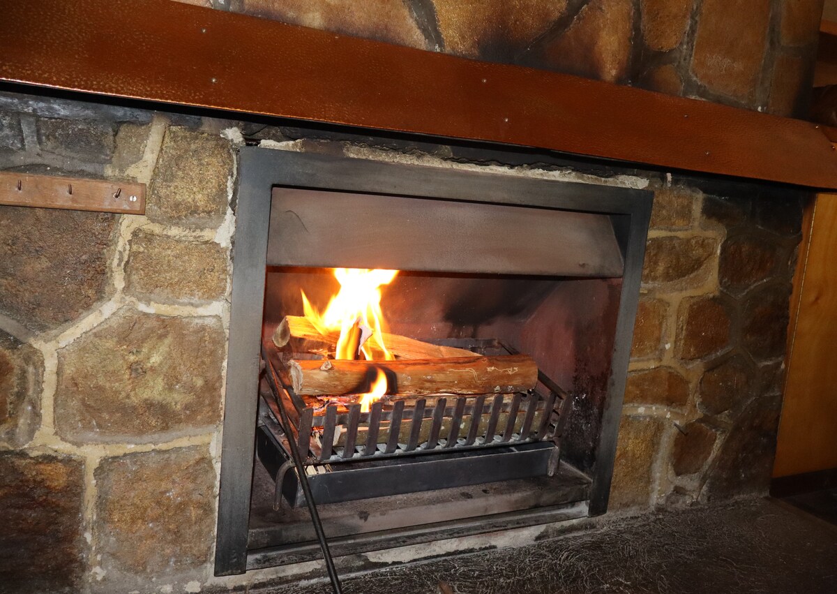 A traditional stone fireplace is showcased, with a fire gently burning in the grate. Logs are arranged neatly, and warm light emanates from the flames, creating a cozy focal point in the room.