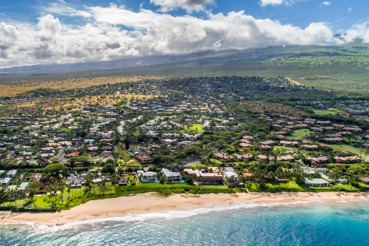 An aerial view captures the lush greenery and established homes of the Wailea community, set against a backdrop of rolling hills. The coastline features sandy beaches bordered by turquoise waters, with clouds casting soft shadows over the landscape, creating a sense of serenity.