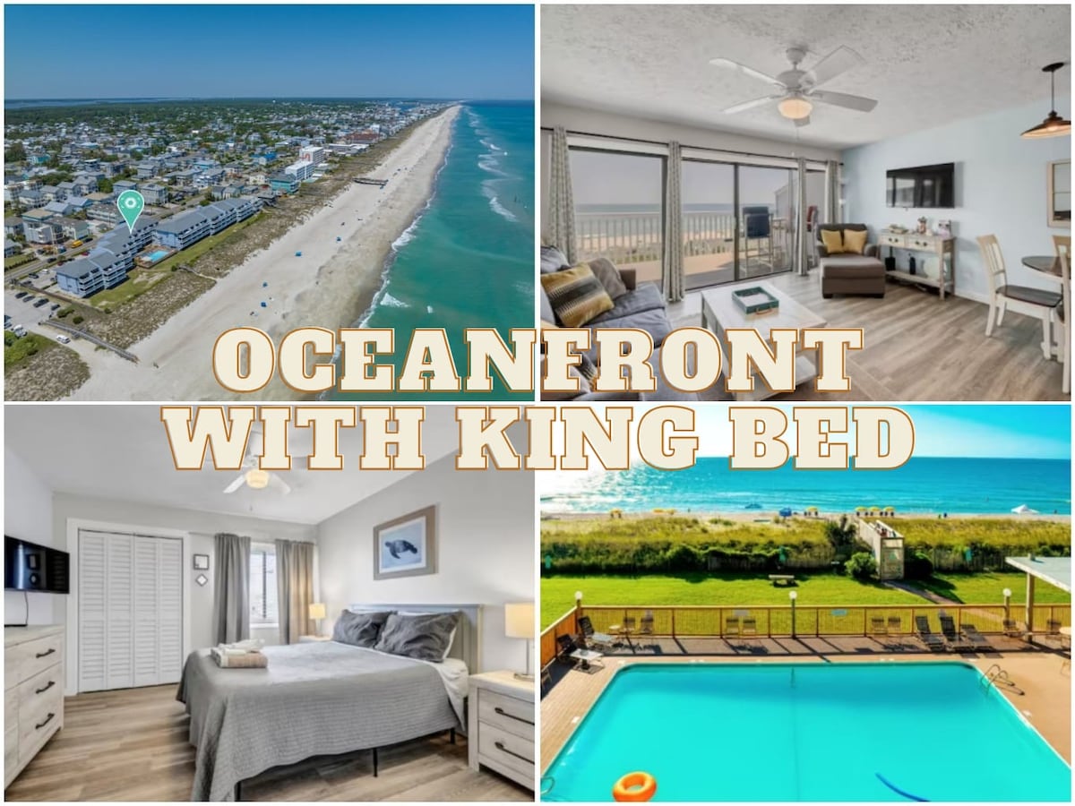 An aerial view showcases the oceanfront location, with sandy shores and a beachside community. A bright living area overlooks the water, featuring a comfortable seating arrangement. The bedroom is designed for relaxation, featuring a king-size bed with thoughtfully arranged linens. A pool area invites guests to take a refreshing dip.