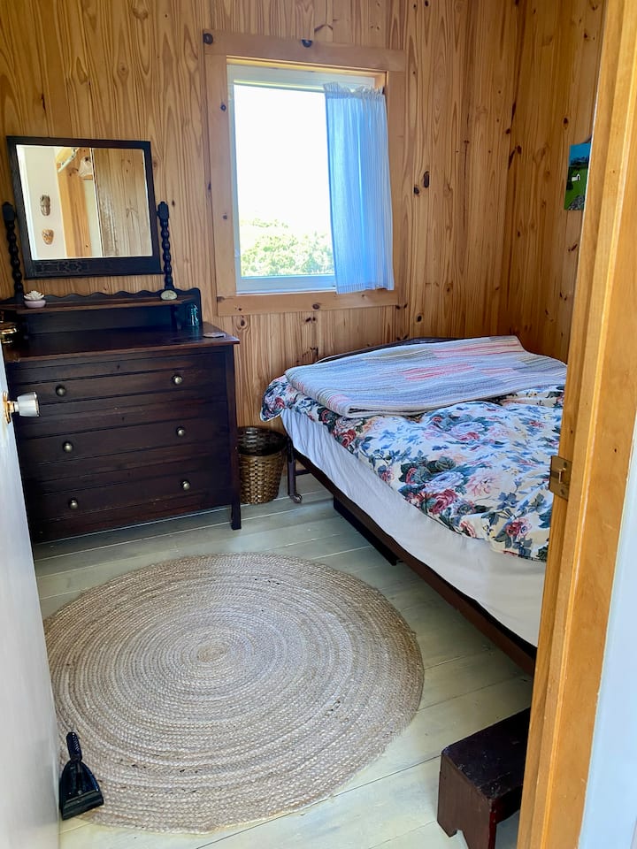 Tweepersoonsbed in slaapkamer beneden, met kast