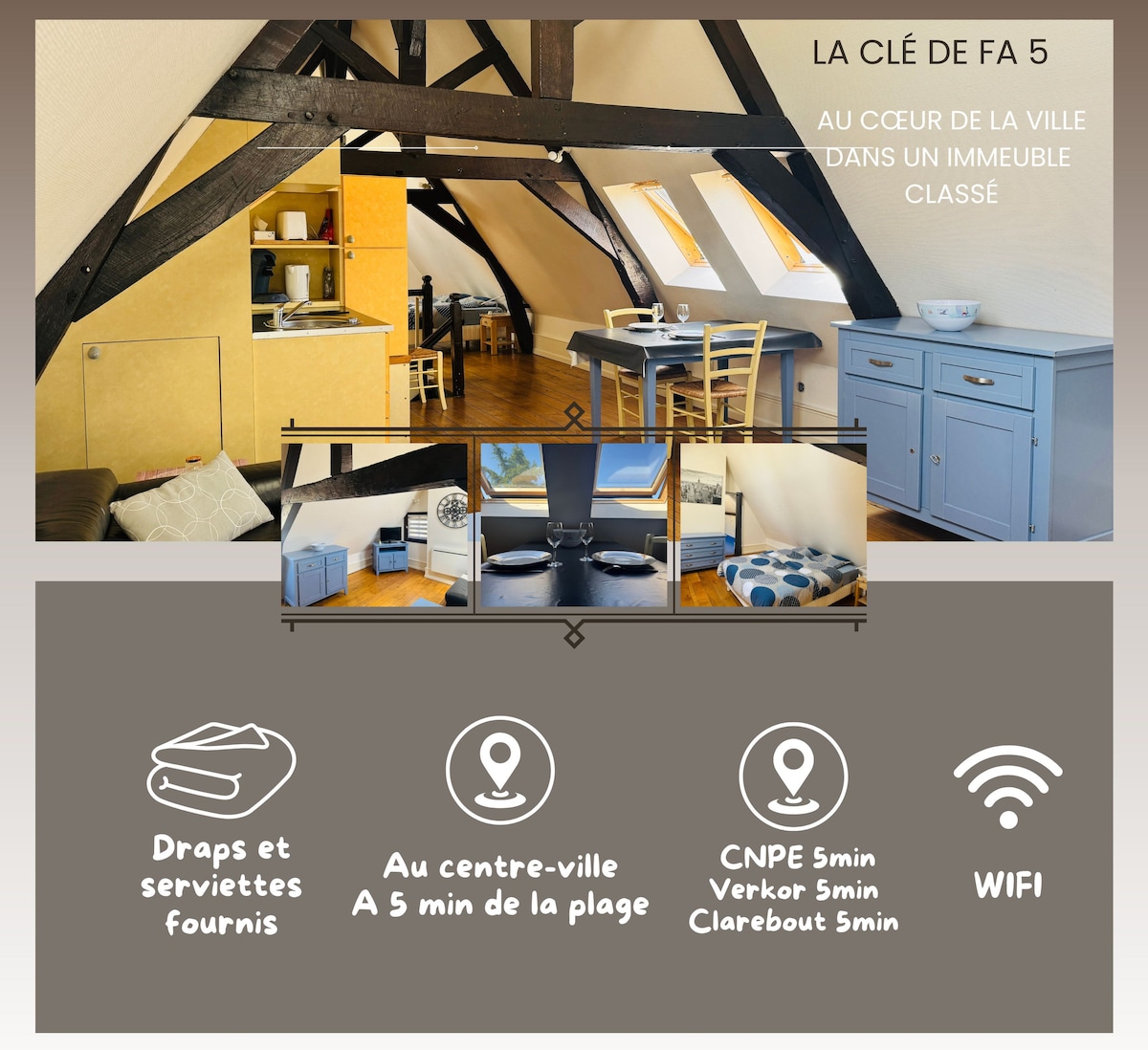 A spacious living area features high ceilings with wooden beams and soft lighting. A dining table and chairs are positioned next to a kitchenette, which includes a blue cabinet. A comfortable lounge area is present, showcasing a cozy ambiance and well-arranged furnishings.