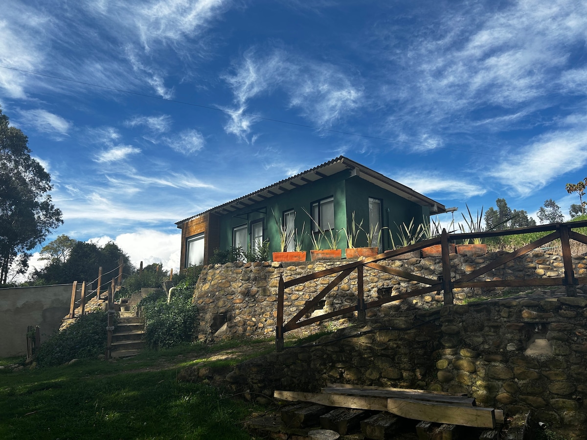 The exterior of Loft del Rio is set against a backdrop of a blue sky with clouds. The cabin is surrounded by lush greenery, featuring a stone wall and wooden steps that lead to the entrance. Large windows invite natural light into the space.