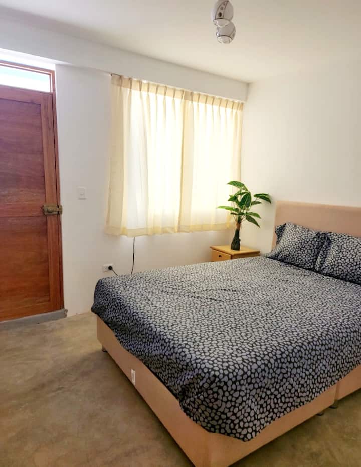 Cama queen, vestidor pequeño y estantes. Puerta al patio trasero y al patio.