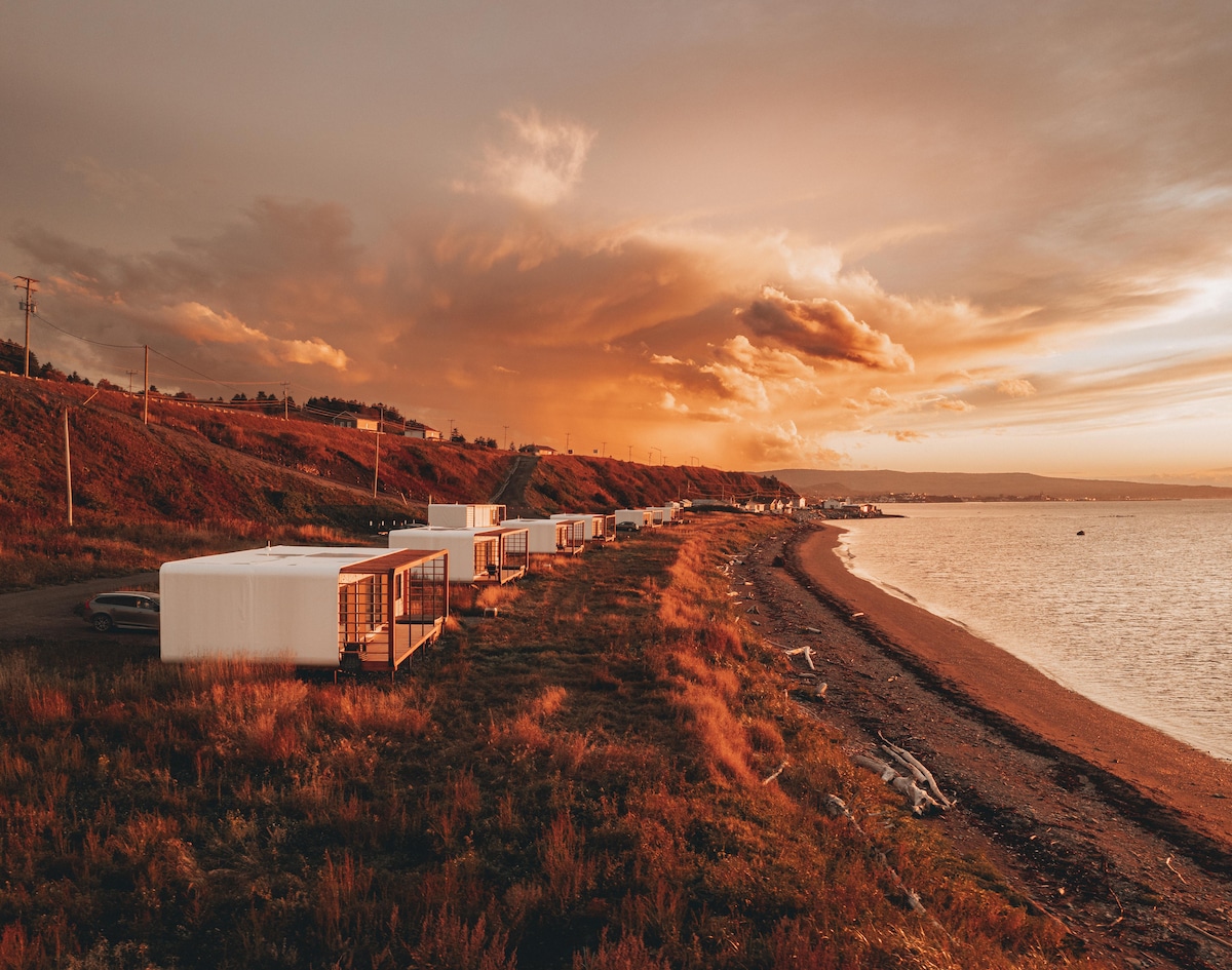 The image captures a serene coastline at sunset, with individual lodges lined up along the water's edge. Colors of pink and orange fill the sky, reflecting on the calm surface of the water. Lush grasses and pebbles occupy the foreground, offering a natural contrast.