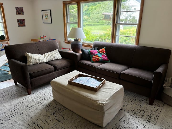 סלון מעוצב מתוך מחשבה על ילדים. במקום שולחן קפה עם פינות חדות יש לנו הדום רך ומגש. 