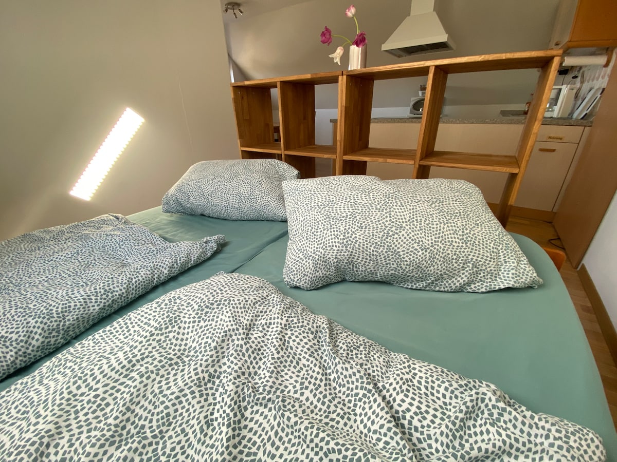 A spacious sleeping area is depicted with a large bed dressed in soft bedding. Two pillows lie neatly on the bed, complemented by a quilt featuring a subtle pattern. A wooden partition is visible in the background, suggesting a separation from the kitchenette.