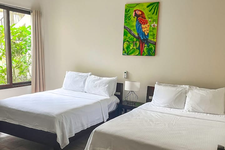 La photo montre une chambre lumineuse et aérée avec deux lits doubles, chacun avec des draps blancs impeccables. La pièce a une peinture colorée d'un perroquet sur le mur, ajoutant une touche de style tropical.