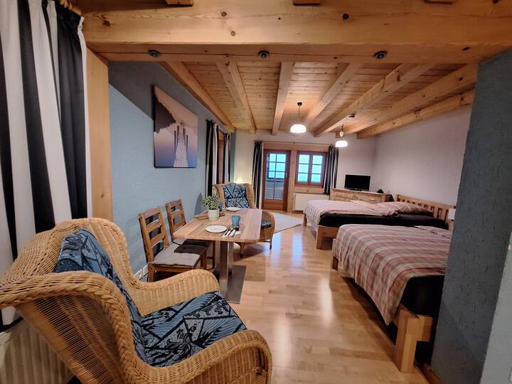 La espaciosa sala familiar Titisee
 ( aprox. 50 metros cuadrados ) ofrece mucho espacio para una estancia cómoda con dos camas espaciosas (cada una de 1,40 m x 2 m). Las camas son acogedoras e invitan a relajarte después de un día lleno de eventos.
