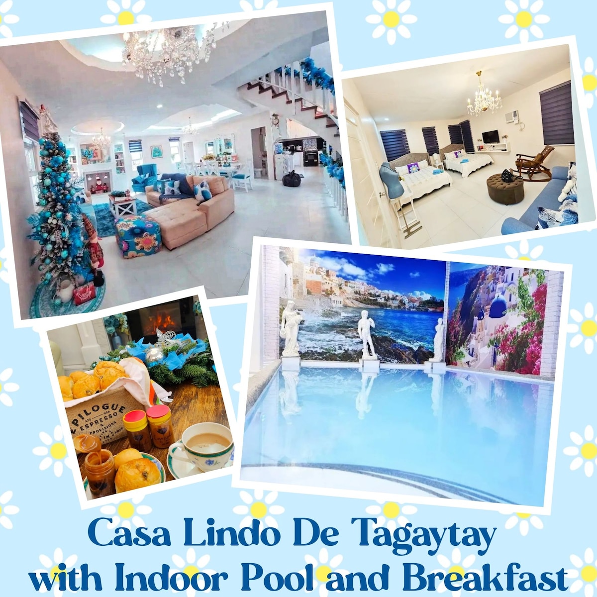 The image showcases a bright and airy living space, featuring elegant seating and holiday decorations. An indoor pool is visible in a serene setting, accompanied by a breakfast setup with food and beverages arranged on a table. The overall ambiance conveys comfort and relaxation.